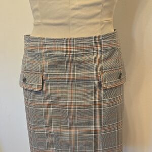 LOFT Plaid Pencil Skirt in Gray with Orange Stripes